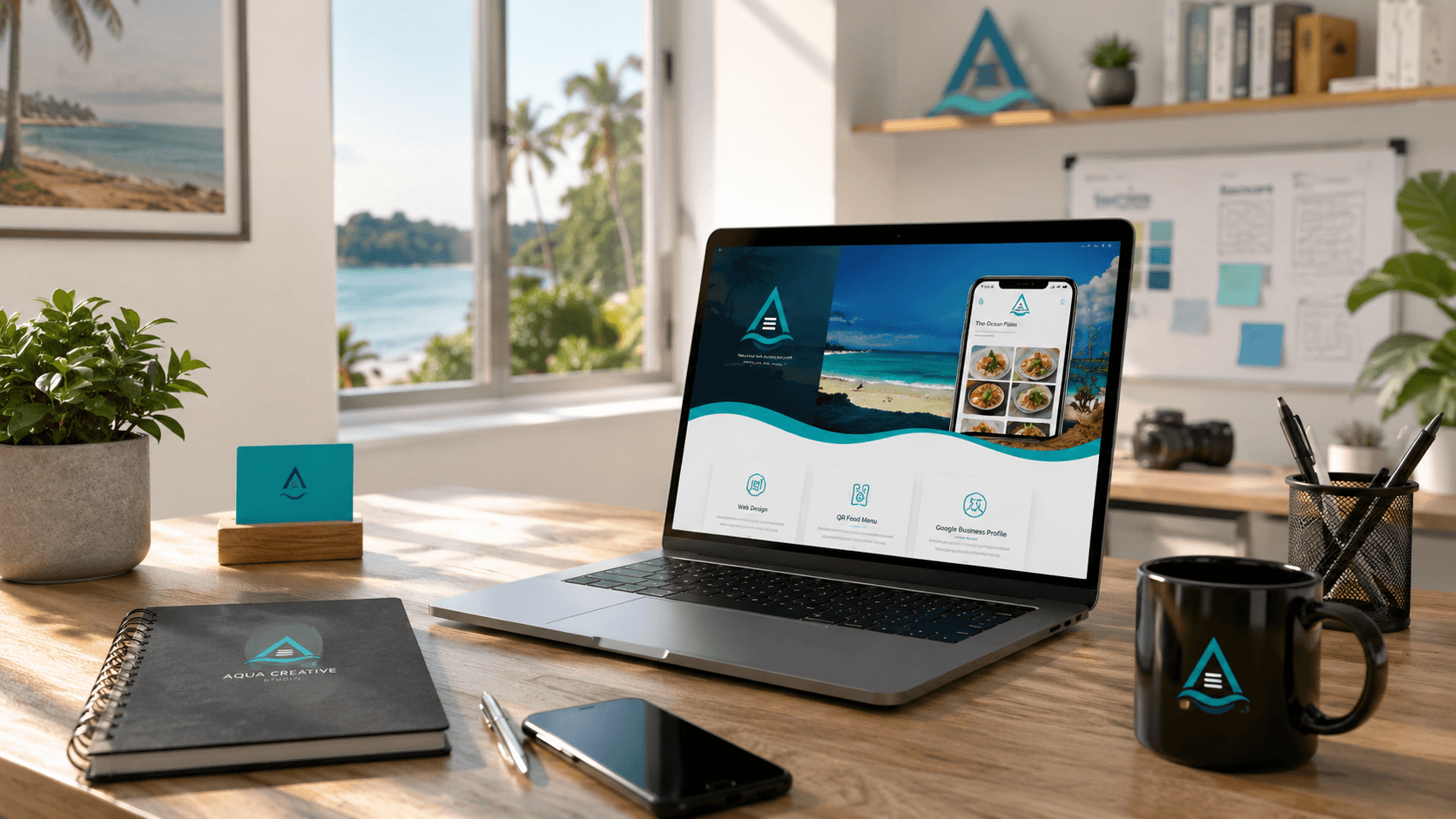 Aqua Creative Studio coastal workspace in Goa with laptop showing website and QR menu concepts