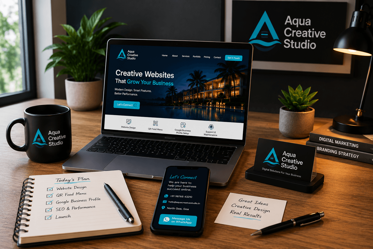 Aqua Creative Studio contact workspace with laptop, phone and project notes