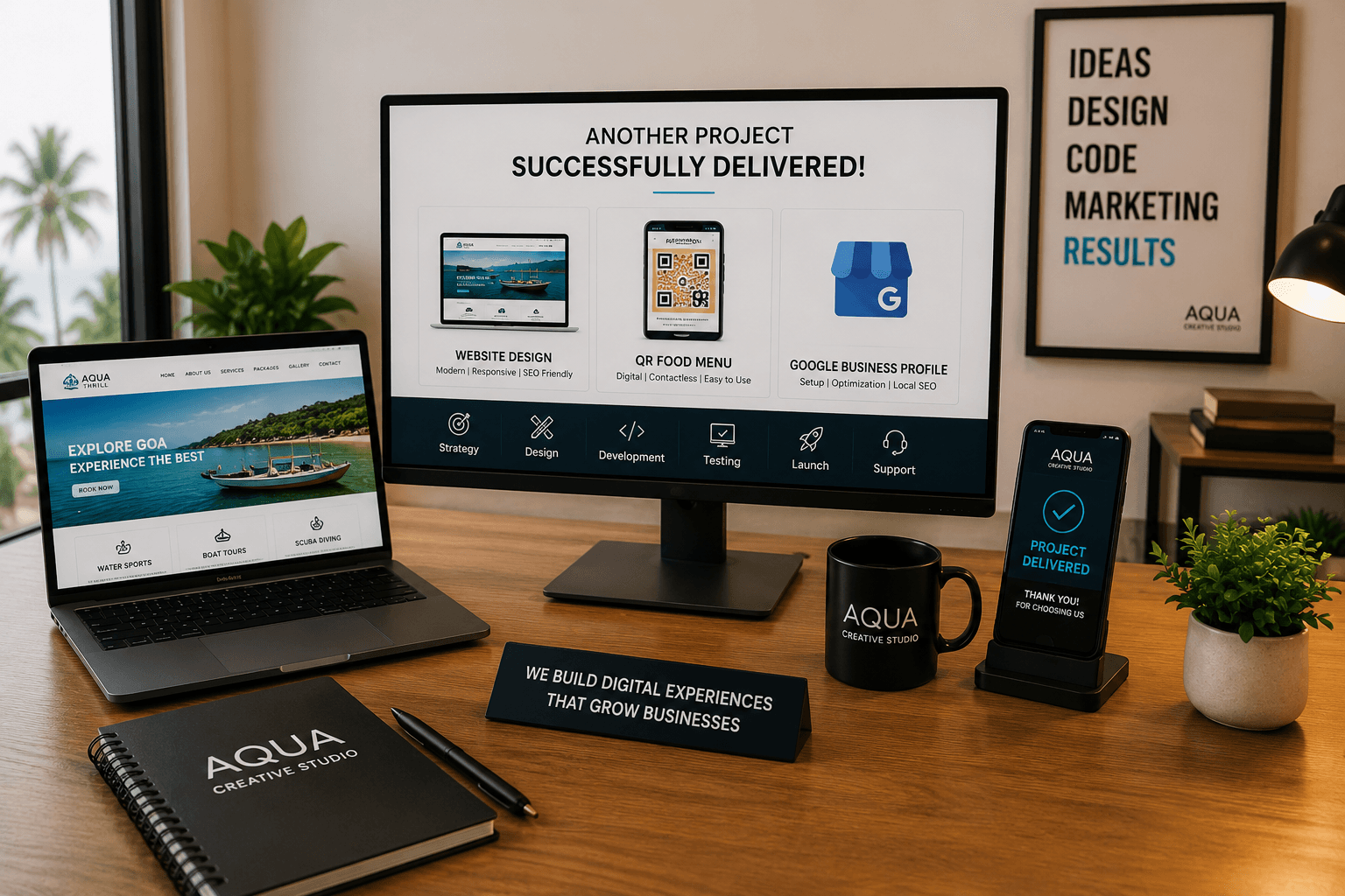 Aqua Creative Studio project delivery workspace with website, QR menu and Google setup concepts