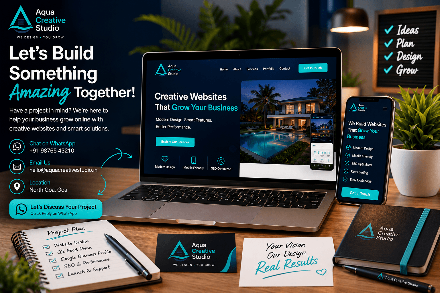 Aqua Creative Studio contact workspace with laptop, smartphone and project notes