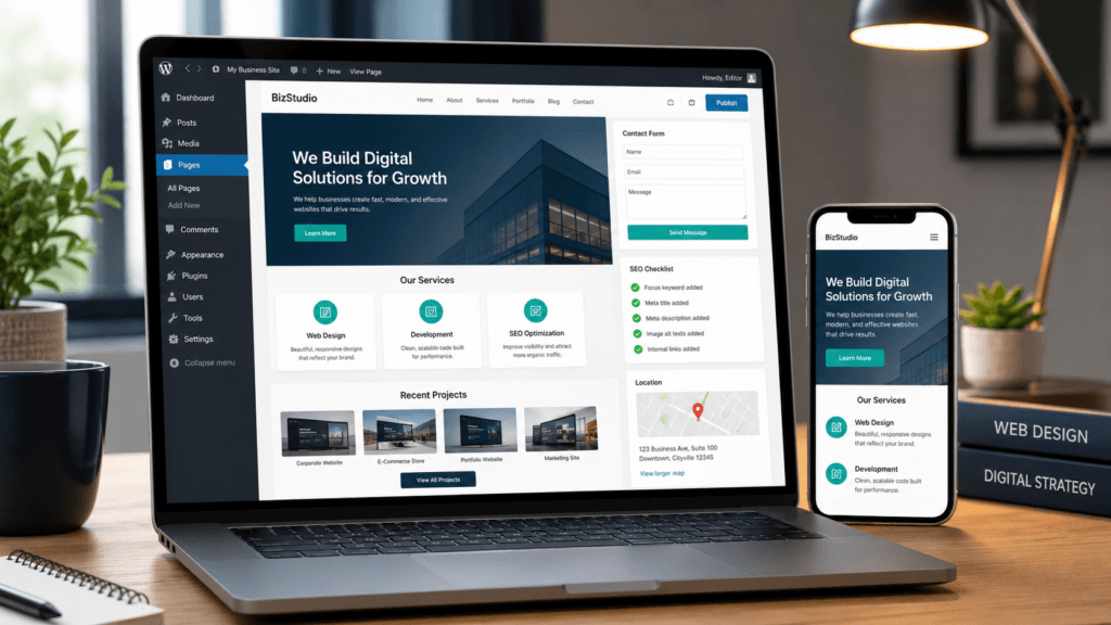 Business website setup in WordPress shown on laptop and mobile screen