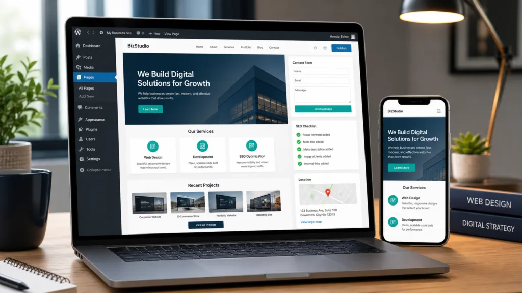 Business website setup in WordPress shown on laptop and mobile screen