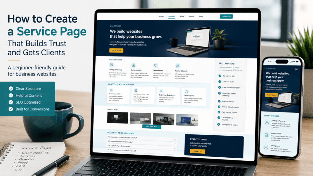 Service page layout for a business website shown on laptop and mobile screen