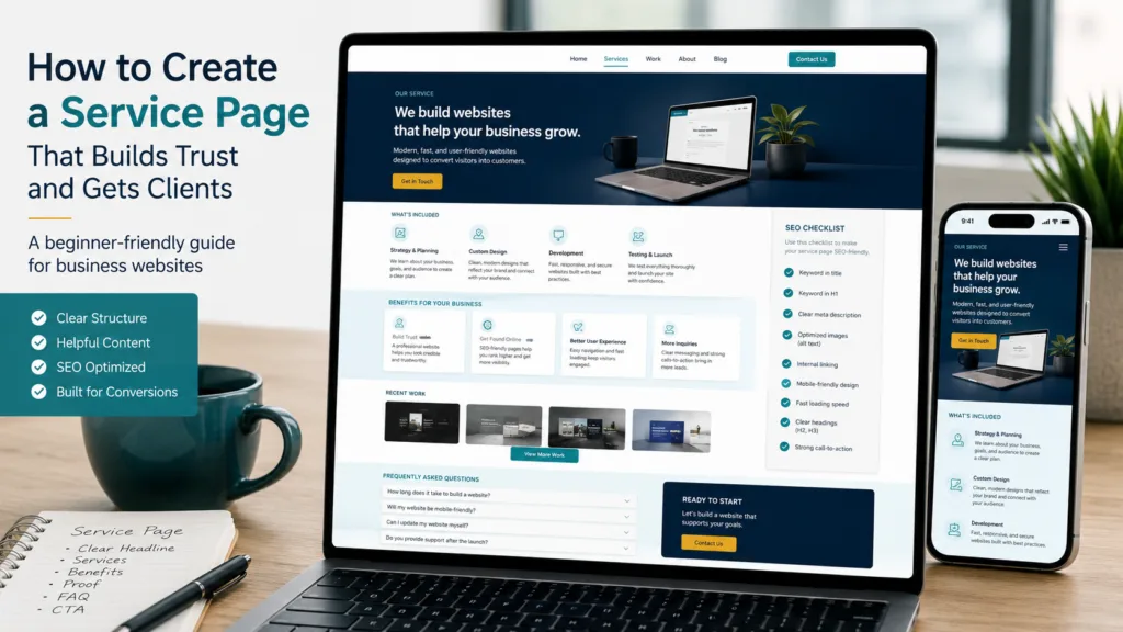Service page layout for a business website shown on laptop and mobile screen