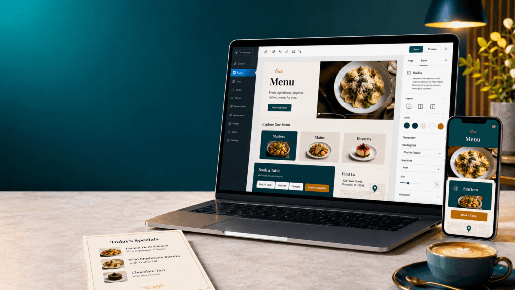 WordPress restaurant website setup with menu, contact page, mobile preview, and dashboard layout
