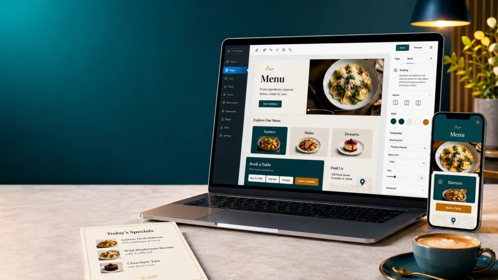 WordPress restaurant website setup with menu, contact page, mobile preview, and dashboard layout