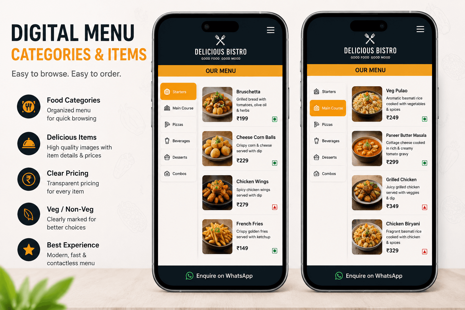 Digital food menu on mobile phones with categories, food items and prices