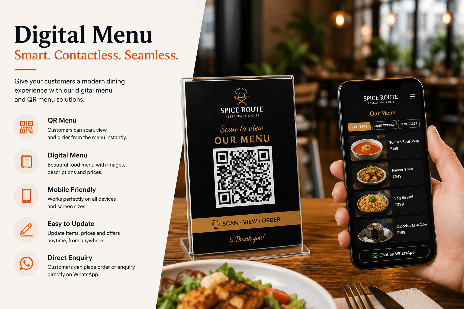 Restaurant QR code menu displayed on a table with a mobile phone showing an online food menu