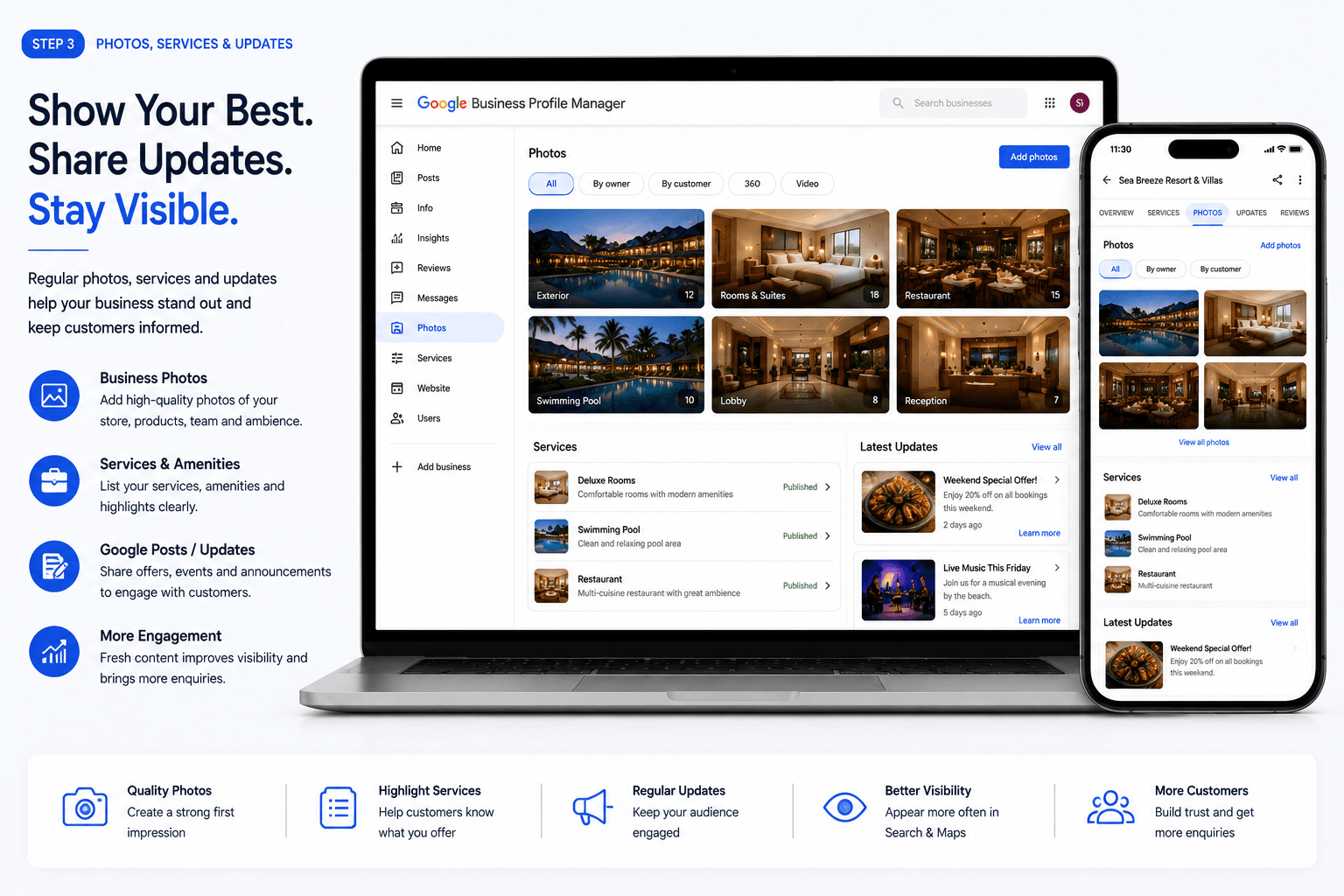 Google Business Profile dashboard with photos, services and updates