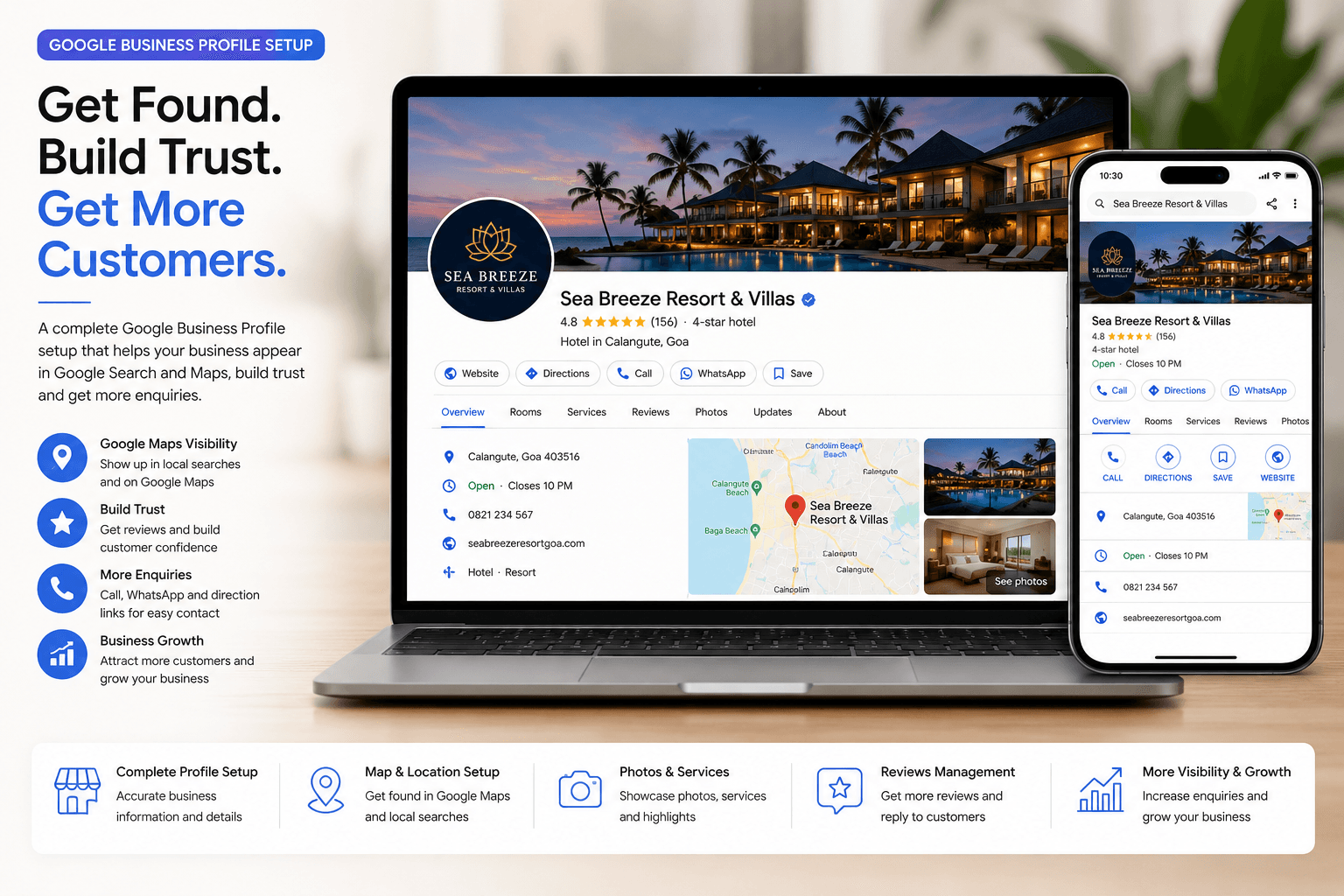 Google Business Profile on laptop and mobile with map and business contact details