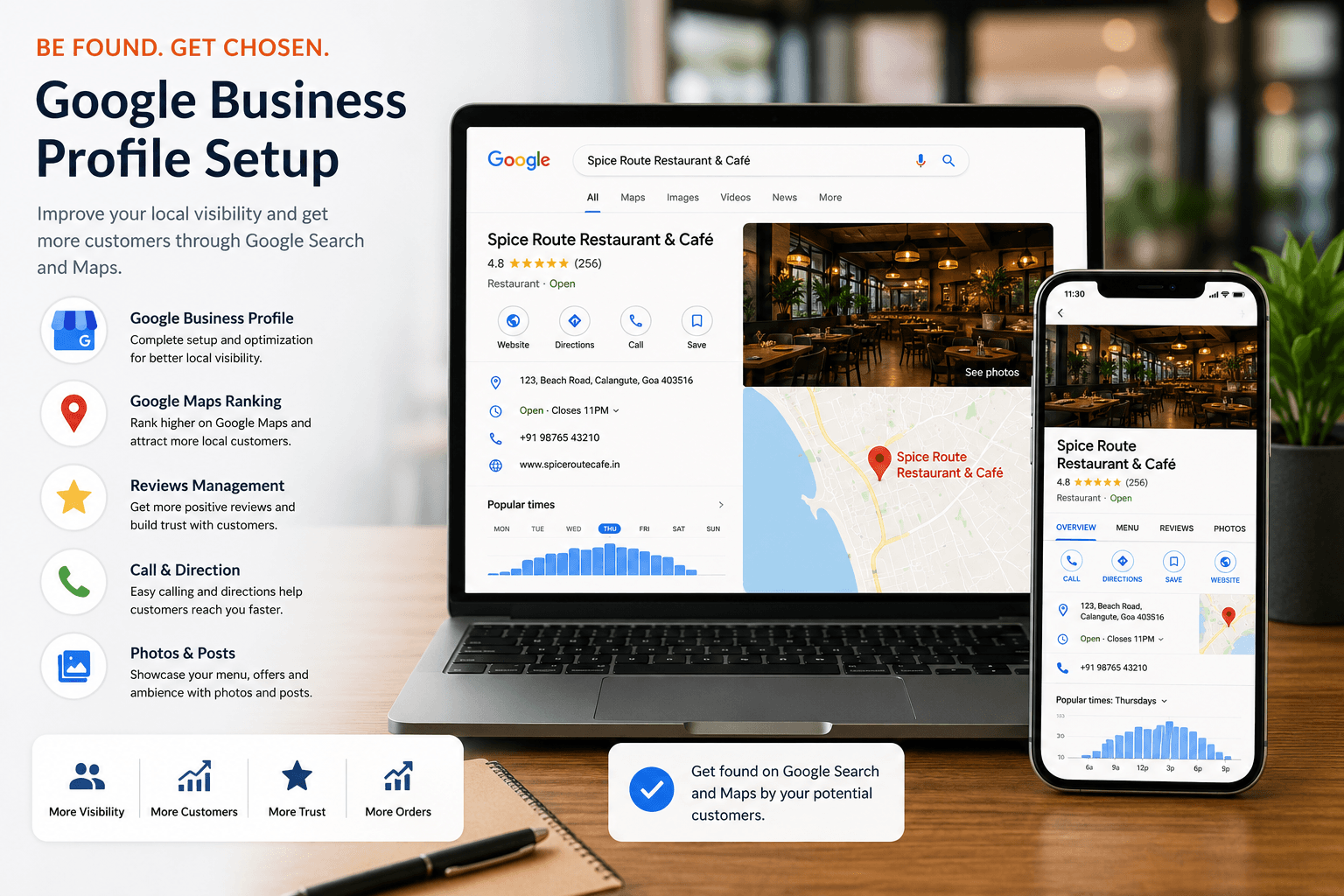 Google Business Profile displayed on laptop and mobile with restaurant details, map location and contact options