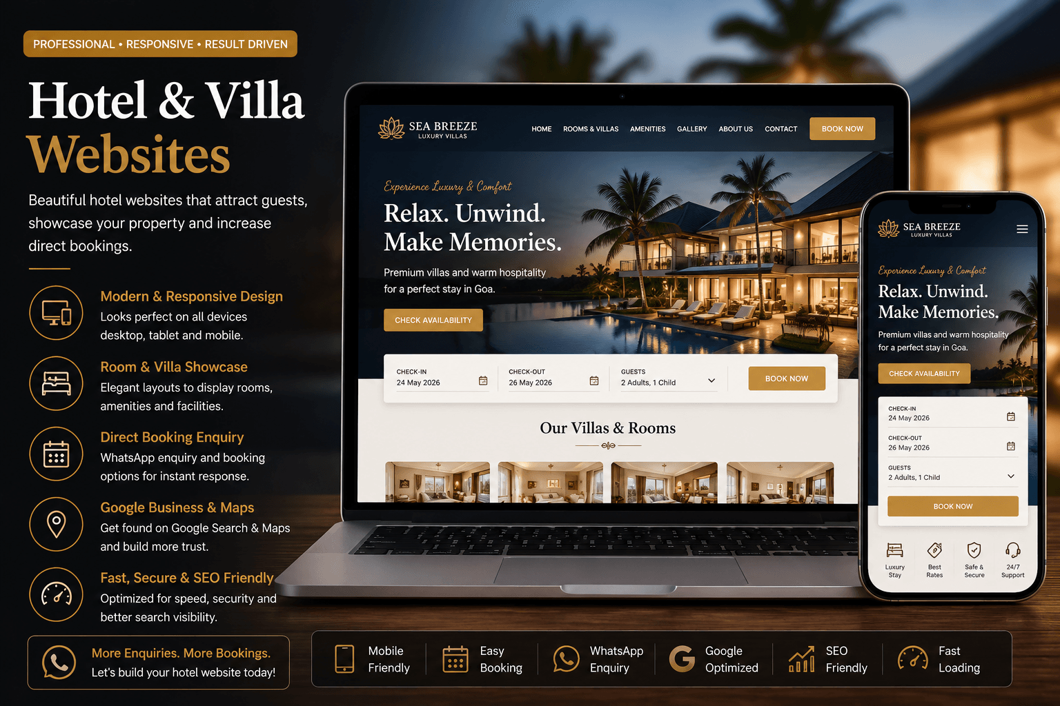 Hotel and villa website design shown on laptop and mobile