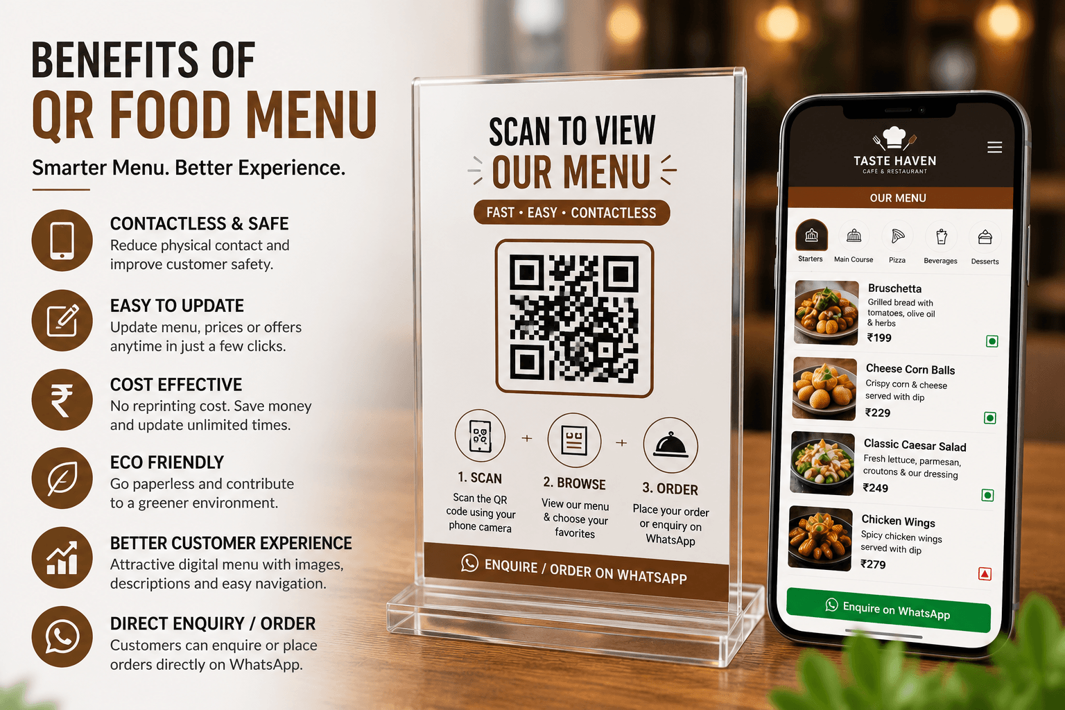 QR food menu stand and smartphone with digital menu and mobile enquiry access