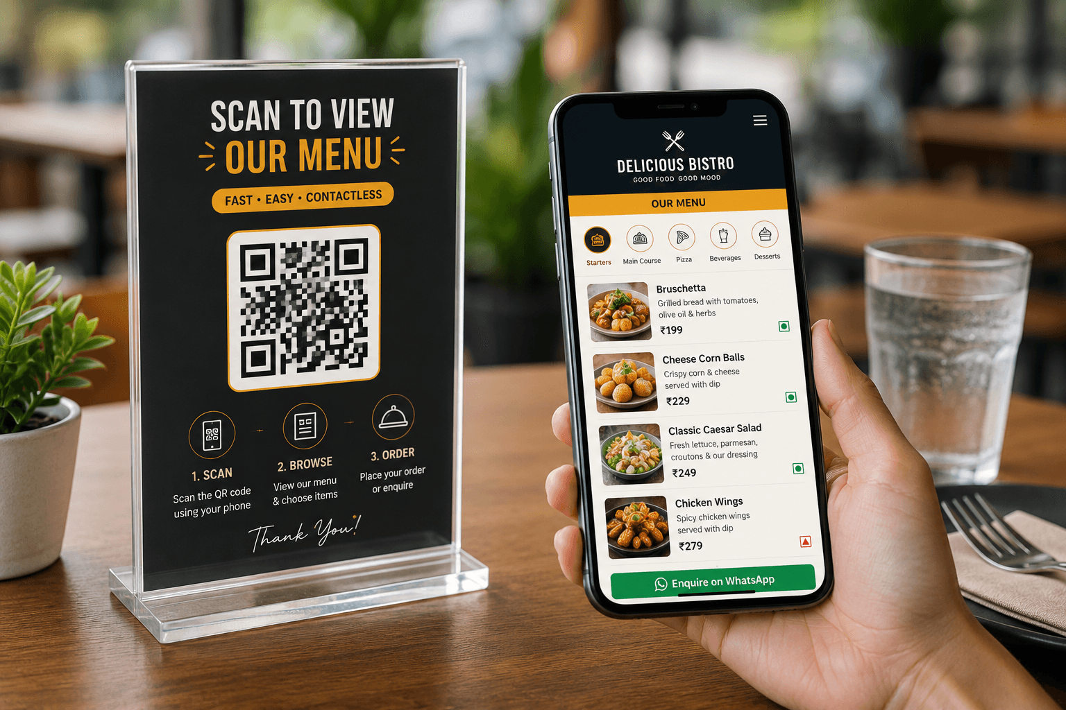 Restaurant QR code menu display with smartphone showing a digital food menu