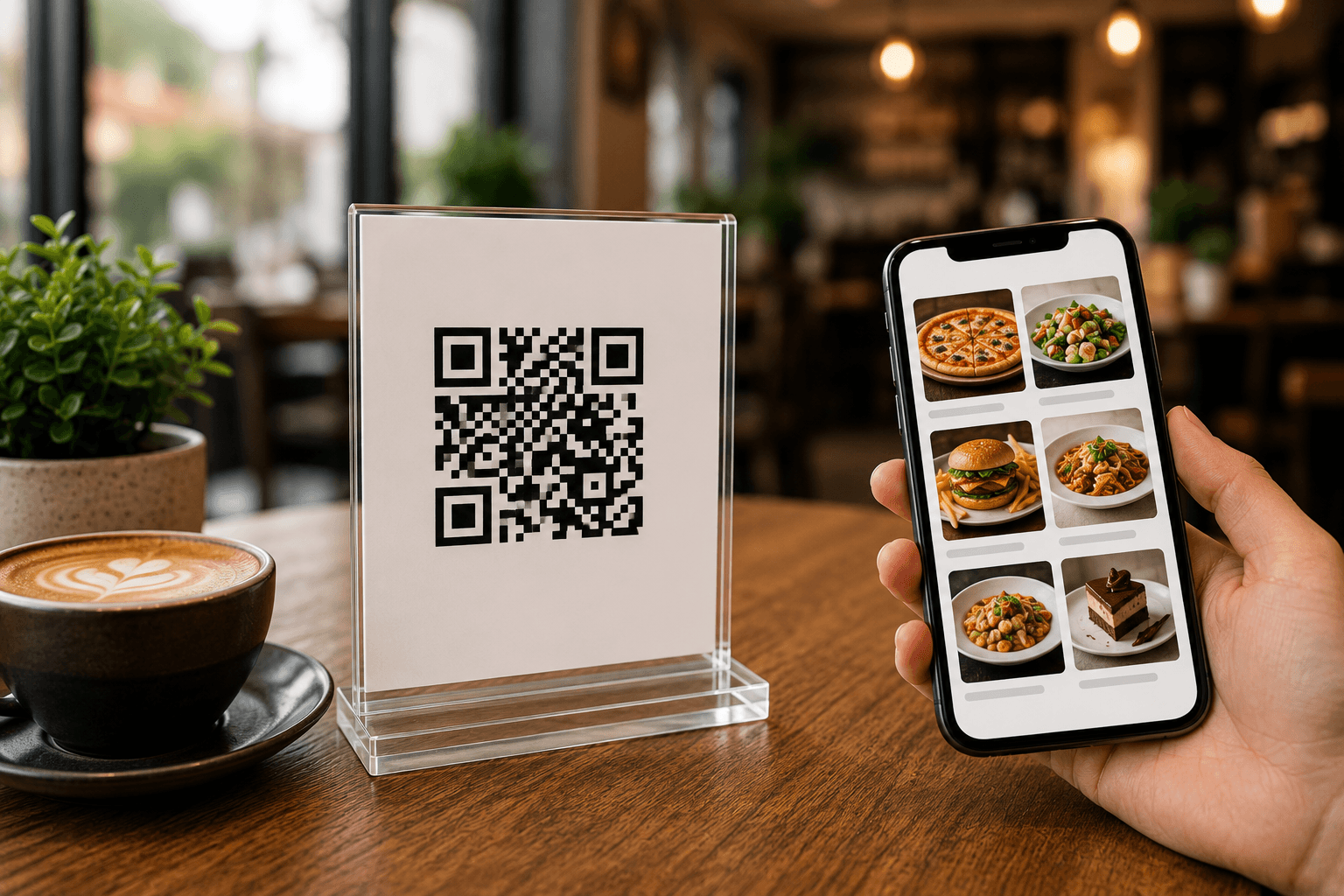 Café table with QR menu stand, coffee and smartphone showing a food menu