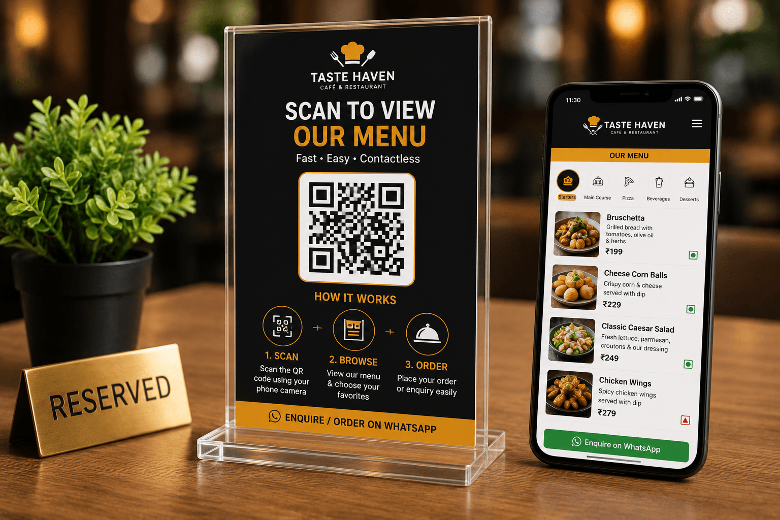 Restaurant QR menu stand beside smartphone showing a digital food menu