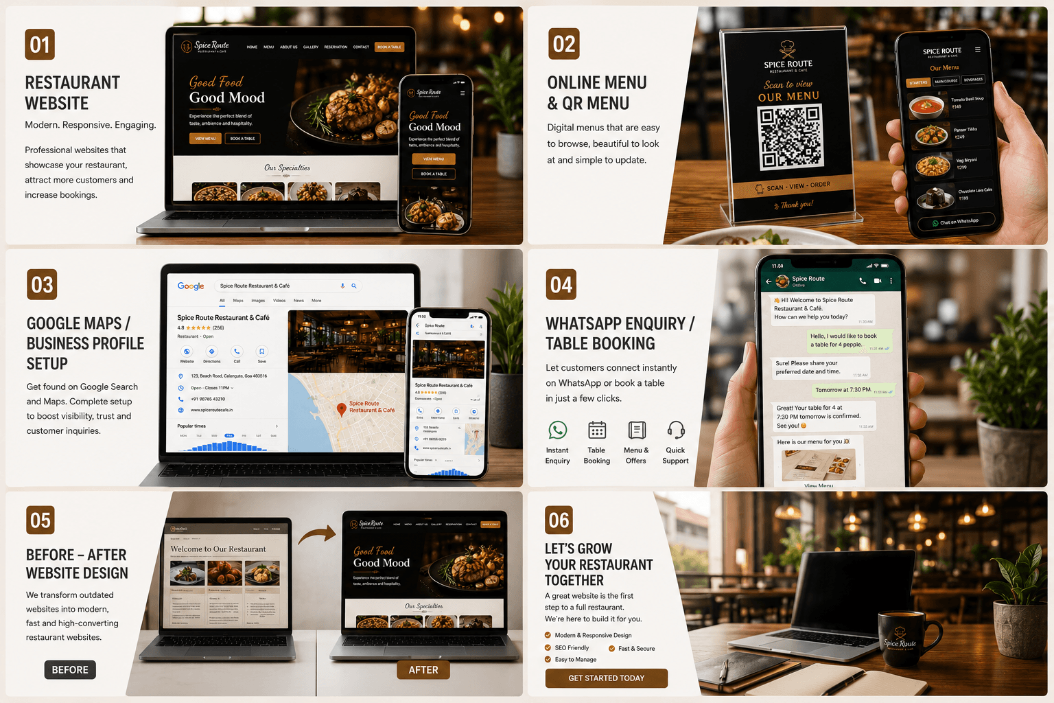 Before and after restaurant website redesign shown on two laptop screens with an outdated layout and a modern responsive layout