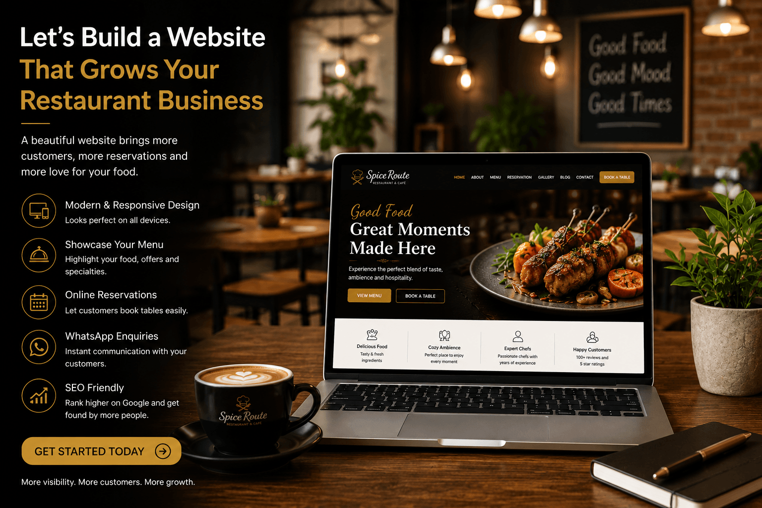 Restaurant website design shown on a laptop in a modern café workspace