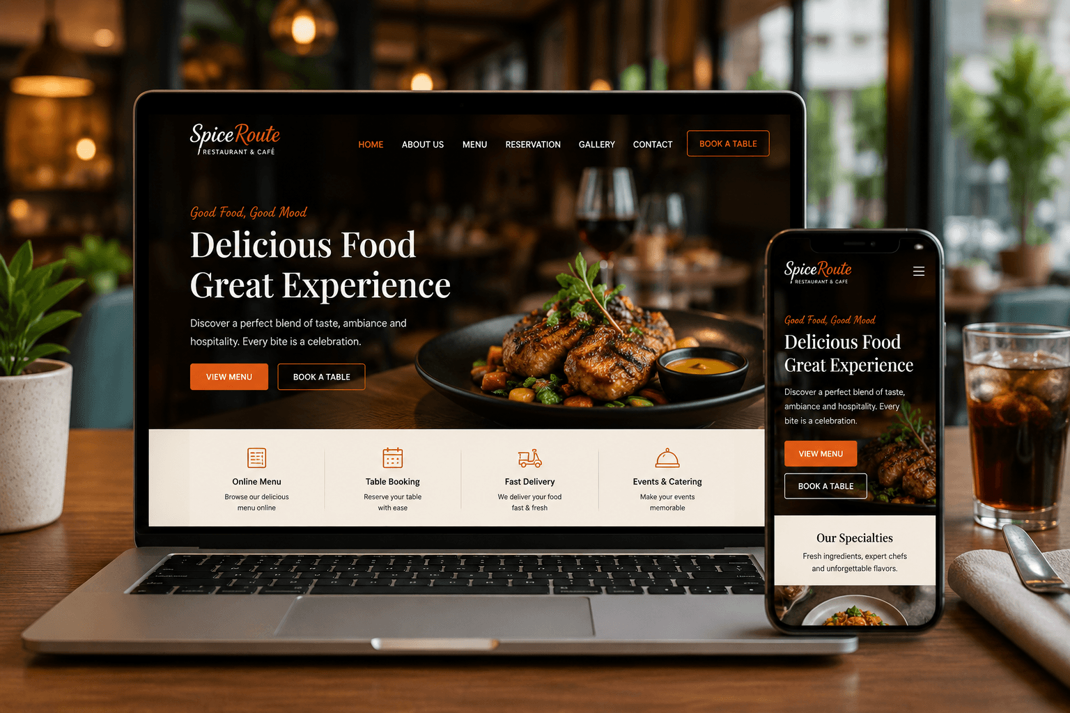Restaurant website design shown on laptop and mobile with online menu and table enquiry options