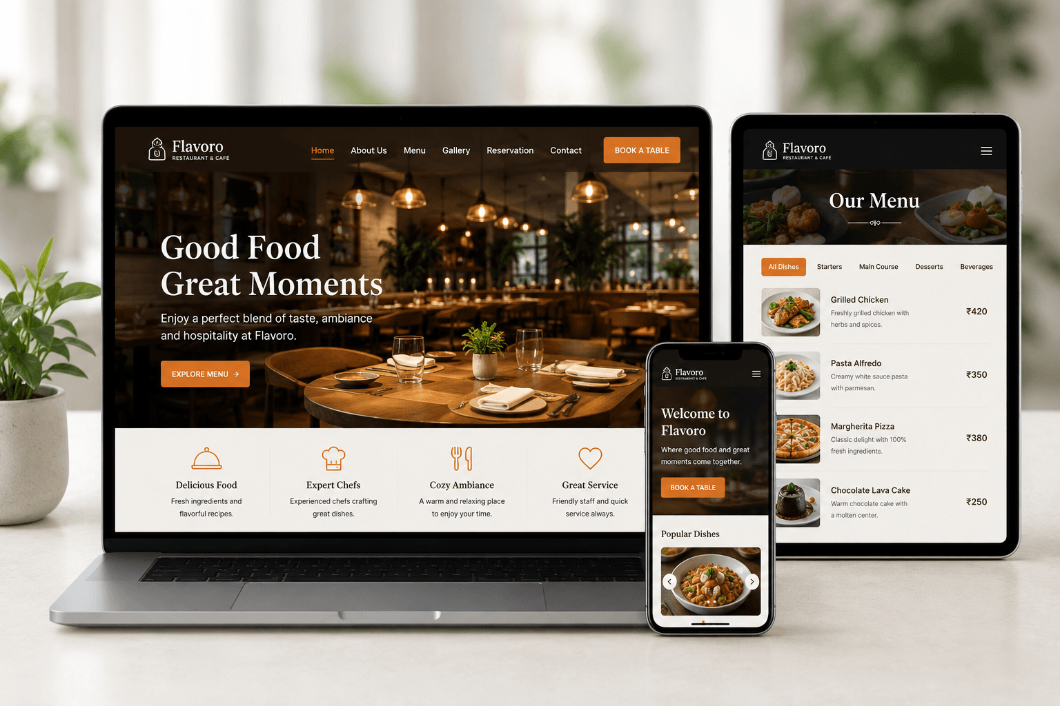Modern restaurant website and online food menu shown on devices