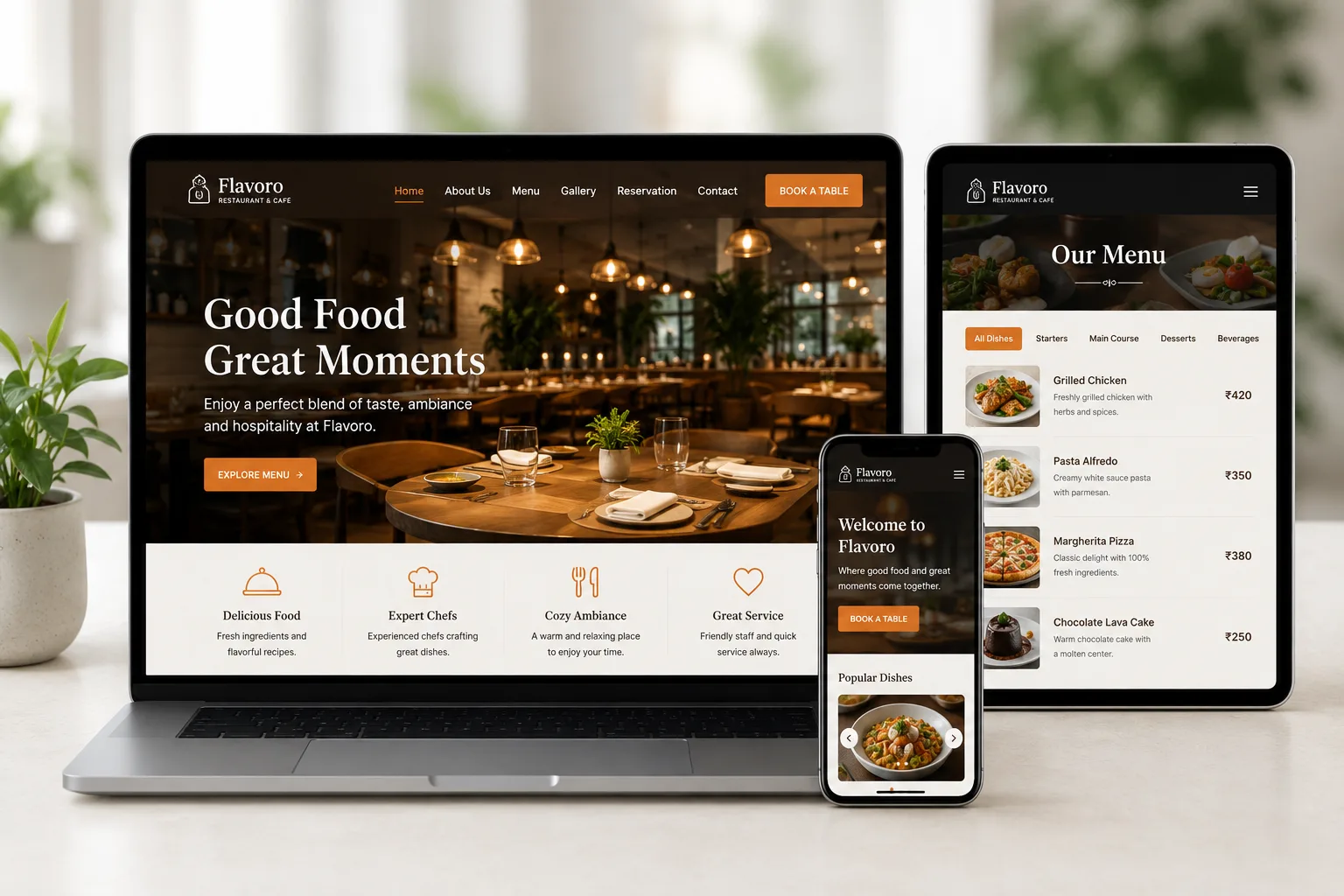 Modern restaurant website and online food menu shown on devices