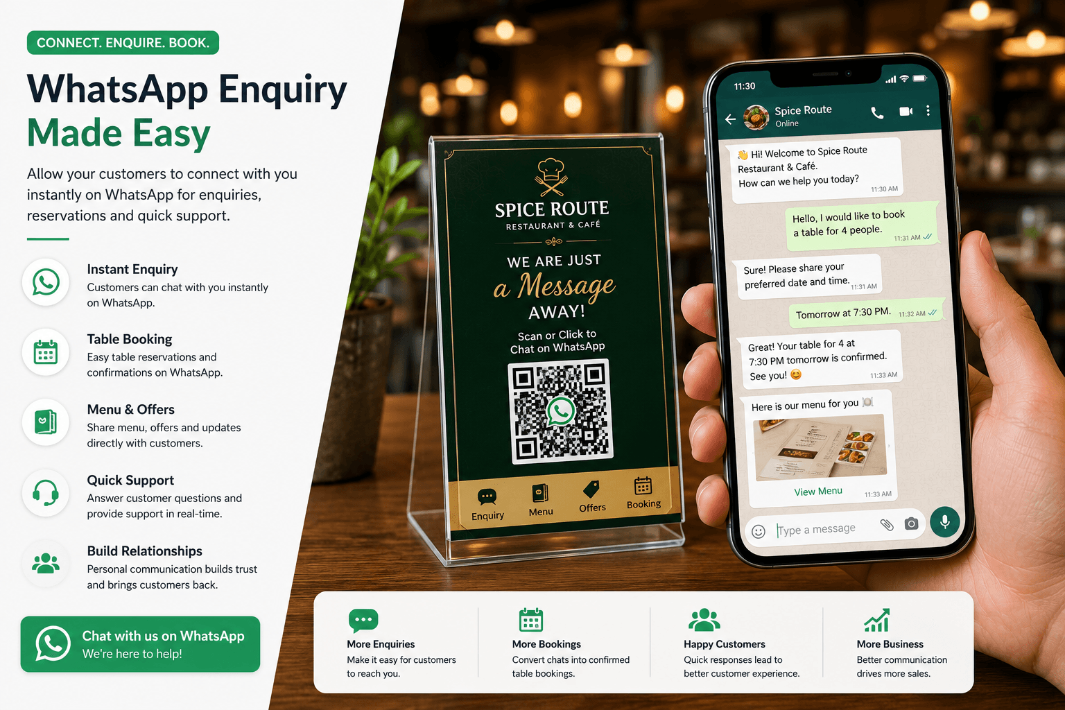 Restaurant WhatsApp enquiry and table booking shown on a mobile phone with QR code contact access