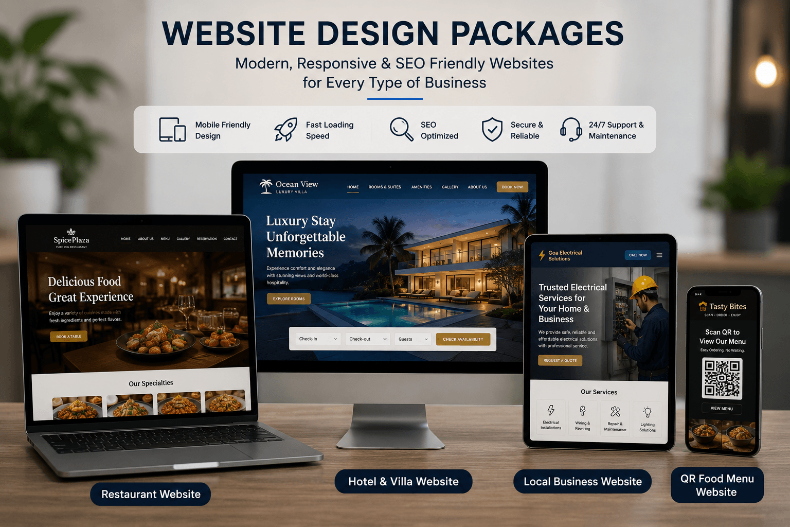 Website package examples for restaurant, hotel, local business and QR food menu