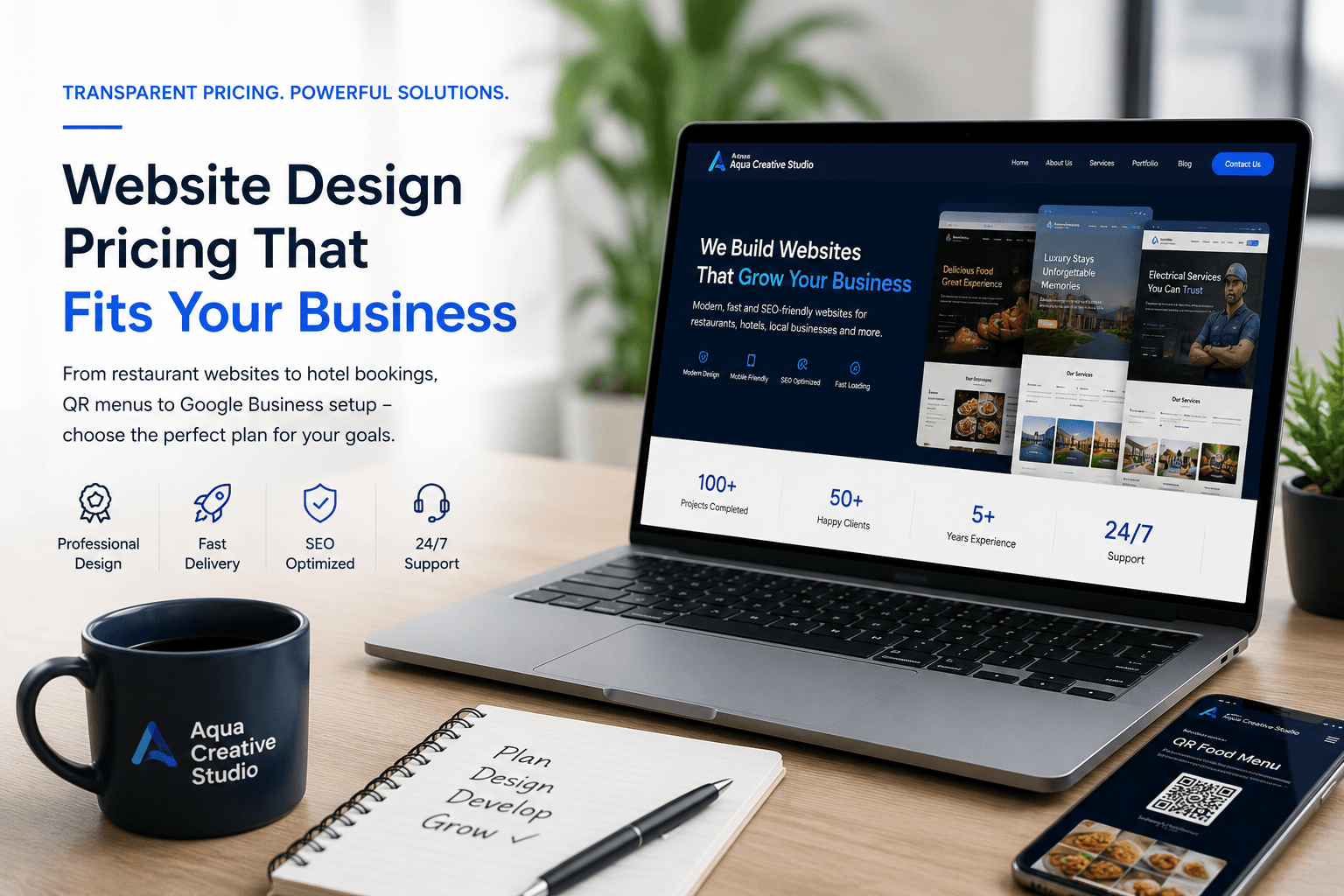 Website design pricing workspace with laptop showing website concepts and QR menu preview