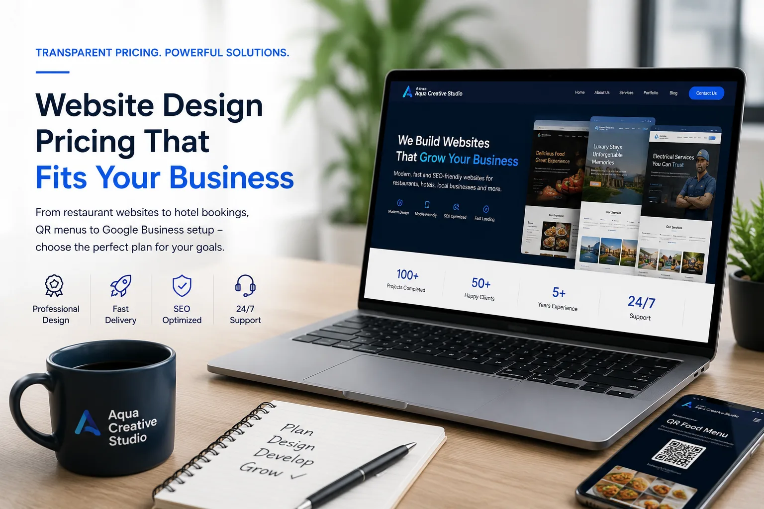 Website design pricing workspace with laptop showing website concepts and QR menu preview