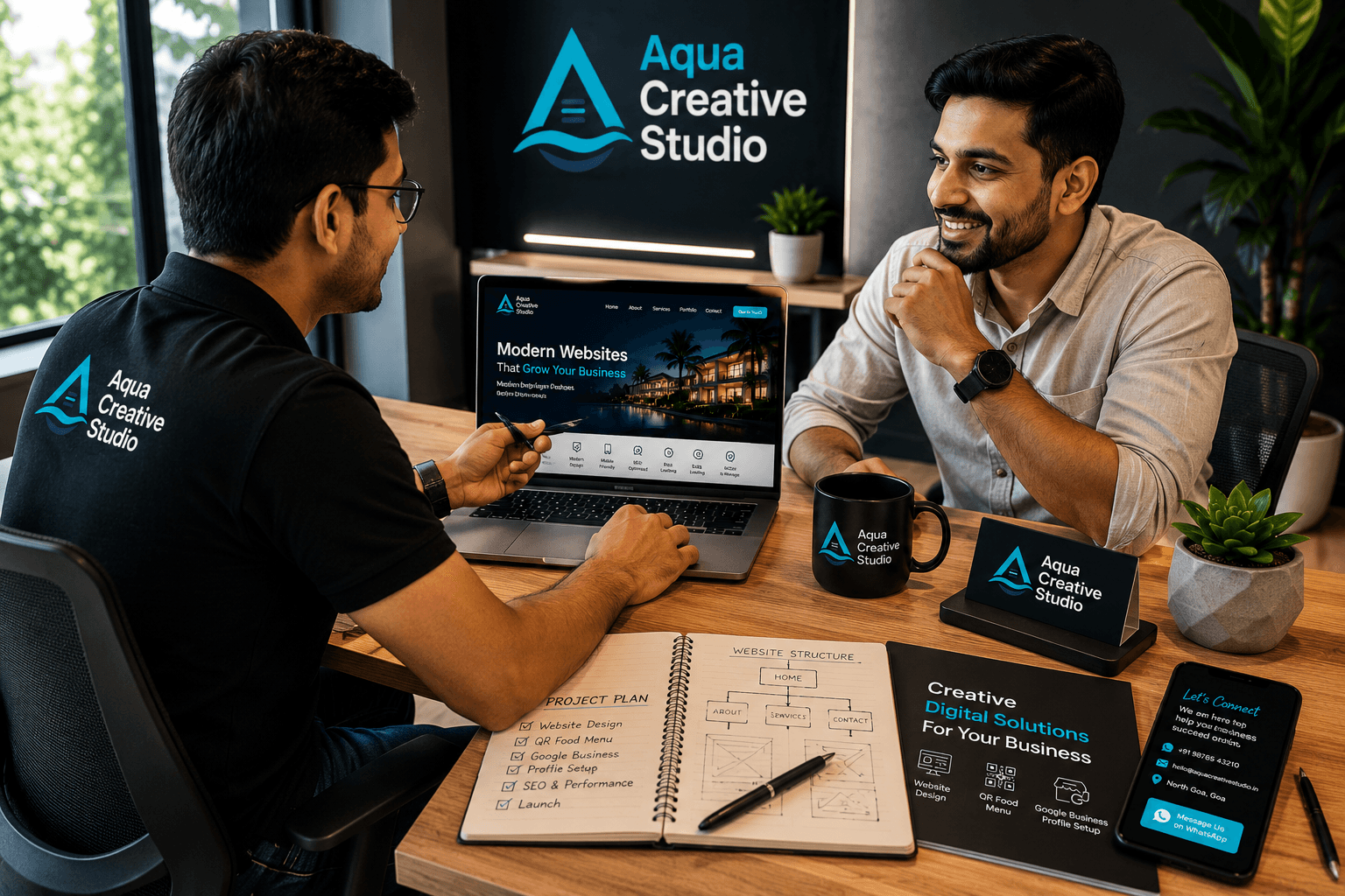 Website project discussion at Aqua Creative Studio with laptop and planning notes
