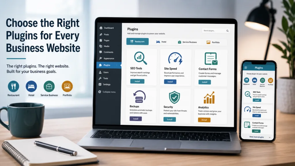 WordPress plugins for business website shown with SEO speed form backup and security icons