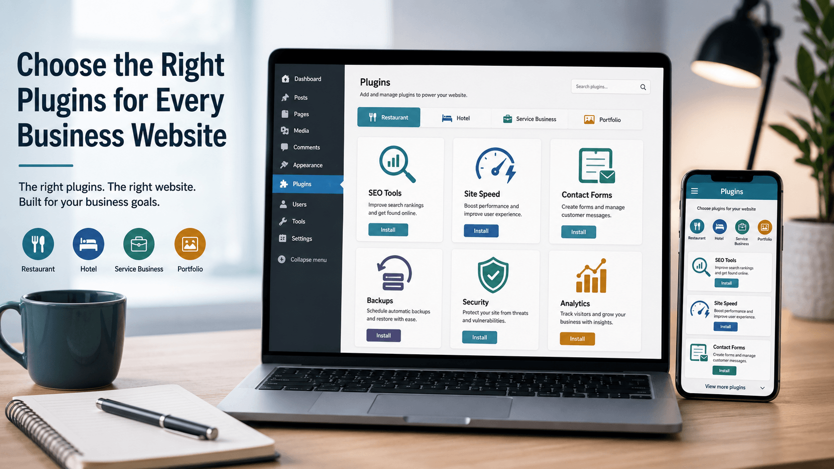 WordPress plugins for business website shown with SEO speed form backup and security icons
