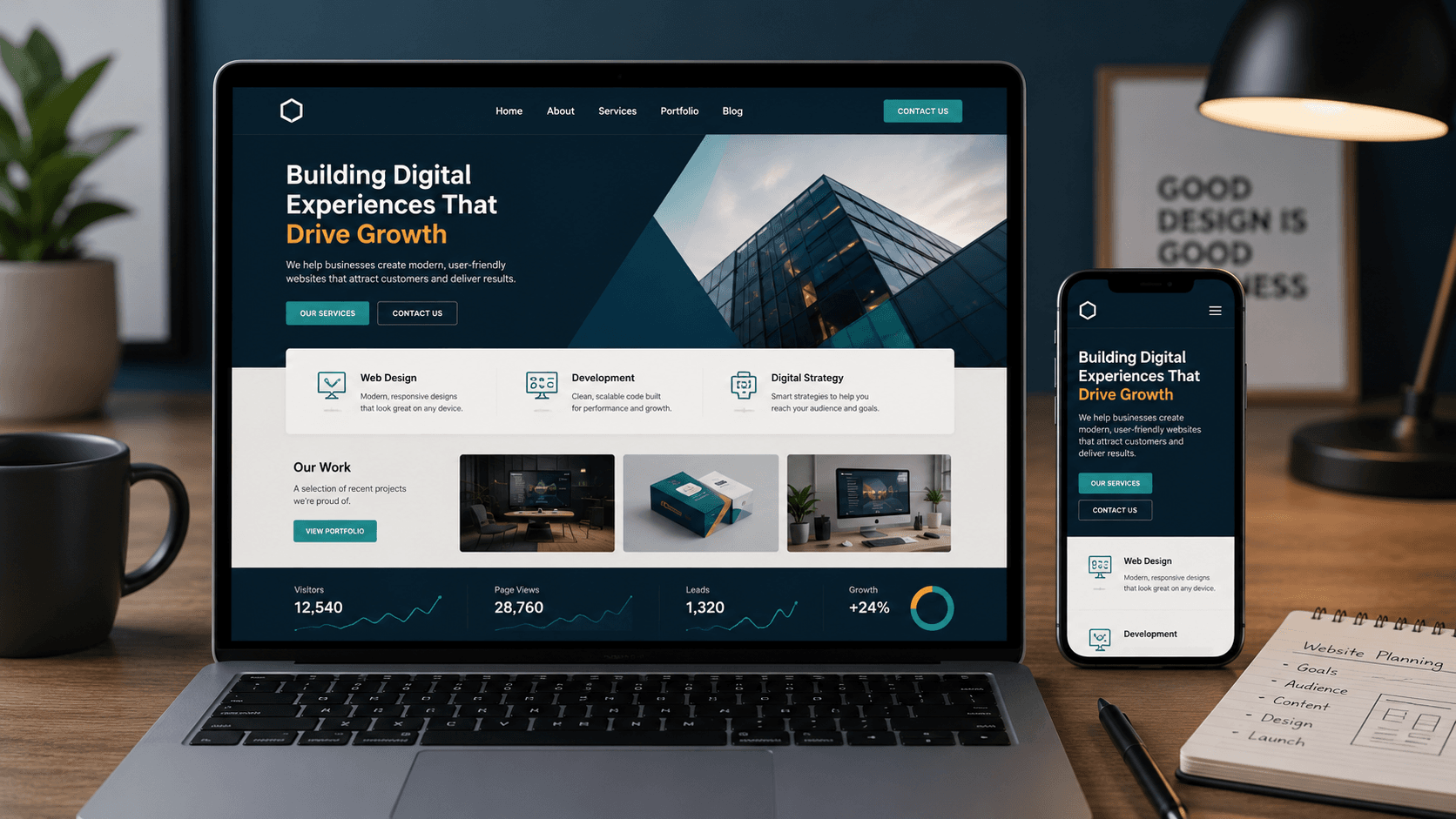 Business website design layout shown on laptop and mobile screen